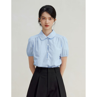 自巧 小个子纯棉短袖条纹镂空衬衫设计感小众女休闲上衣