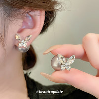 Trendolla 銀針鑲鉆蝴蝶珍珠雙面耳釘簡約感氣質耳環法式設計輕奢耳飾女