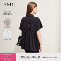 AMII2024夏匹马棉混纺拼欧根纱翻领连袖衬衫女宽松短袖白衬衣 黑色 155/80A/S