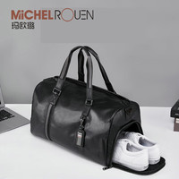 玛欧璐手提旅行包男头层牛皮行李包干湿分离带鞋仓短途出差行李袋包 黑色 大号46*25*26cm