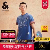 杰克·琼斯（JACK&JONES）夏罗纹圆领纯棉宽松海经印花字母刺绣短袖T恤男装224201178 E40 深蓝色 常规 170/92A/S