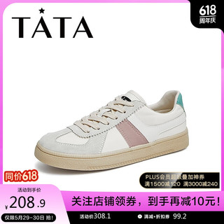 TATA 他她 春百搭拼接系带休闲板鞋女W4DA1AM3 米/粉 38