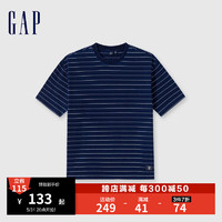 Gap男女装2024夏季纯棉条纹水洗圆领短袖T恤宽松上衣463264 深蓝色 180/100A(XL) 亚洲尺码