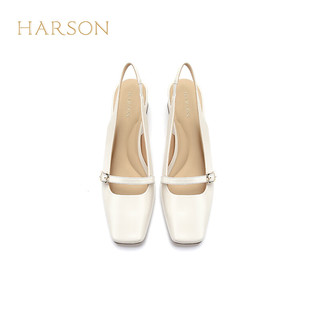 哈森【】2024夏季方头纯色粗跟后空玛丽珍女凉鞋HM247001