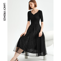 朗姿 法式复古高级感显瘦小黑裙气质休闲针织连衣裙夏季新款裙子女