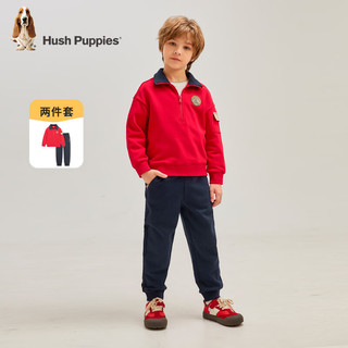 暇步士（Hush Puppies）童装儿童男女童2024春秋季经典简约休闲套装舒适毛圈卫衣套装 珊瑚红 140cm