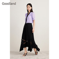音儿（YINER）Goodland美地2024夏季新款褶裥压褶伞裙法式蕾丝拼接半身裙 黑色