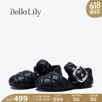 Bella Lily2024夏季温柔小香风玛丽珍鞋女菱格单鞋羊皮平底鞋 黑色 36