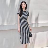 XG 雪歌24夏款新中式改良舒适条纹旗袍收腰显瘦开叉裙