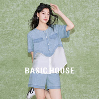 百家好(Basic House)牛仔拼接衬衫设计感宽松短袖衬衣B0624B5F482 牛仔蓝 S