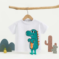洛米兔 LOMITOO夏季2024年新款儿童纯棉短袖T恤动物世界上衣童装六一儿童节礼物 奇趣恐龙-白色 90码 建议身高（80-90cm）