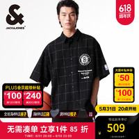 杰克·琼斯（JACK&JONES）夏季NBA联名篮网队oversized格纹男士尖领短袖衬衫224204002 黑色E40 常规 黑色E40 170/92A/S