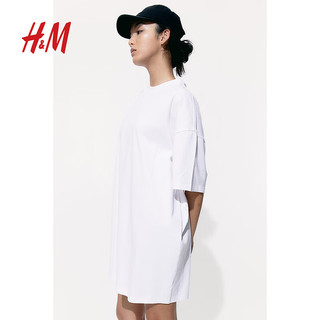 H&M女装2024夏季女式大廓形柔软棉质汗布T恤式连衣裙1128506 白色 170/116