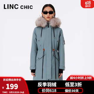 LINC Chic 金羽杰 羽绒服 女中长款潮酷印花大毛领 冬季连帽轻暖派克服2044396 中蓝色 S适合110斤以下