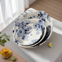 美浓烧 日式餐具青花浮雕汤碗手绘碗寿司家用饭碗花集系列 HT-18深盘