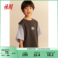 H&M童装男童T恤2024夏季柔软印花大廓形圆领短袖上衣1225917 深灰色/浅蓝色 150/76