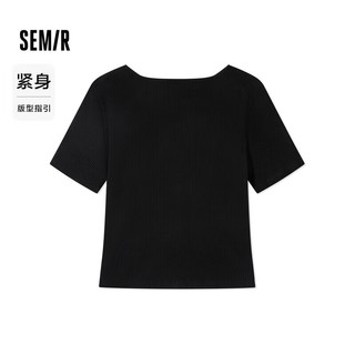 森马（Semir）【夏日T恤合辑】短袖T恤女中长款满印夏印花落肩上衣宽松显瘦潮流 C款紧身方领-黑色90001 155/80A/S