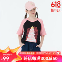 Kappa Kids卡帕女童短袖T恤夏季2024洋气宽松插肩袖夏装甜酷风儿童上衣 黑色 薄款  170