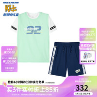 Skechers斯凯奇男童短袖短裤套装夏季户外运动儿童舒适休闲三件套P224B008 海湾绿/02YC 140cm