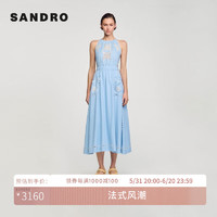 SANDRO2024夏季女装优雅镂空刺绣蓝色长款连衣裙SFPRO03766 40/天蓝色 34