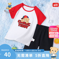 Classic Teddy精典泰迪男女童套装儿童T恤短裤中小童装夏季薄款衣服夏装新 红色+黑色 110