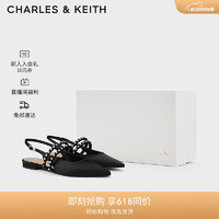 CHARLES&KEITH24夏季尖头平底镶钻一字带凉鞋女SL1-71790030 BLACK TEXTURED黑色纹理 39