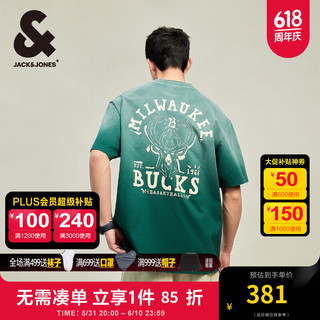 杰克·琼斯（JACK&JONES）夏季NBA联名雄鹿队宽松渐变肌理字母胶印圆领短袖T恤男224201336 青草绿E52 常规 165/88A/XS