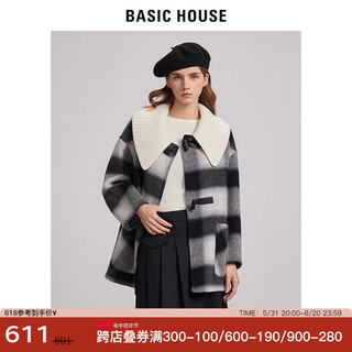 BASIC HOUSE/百家好毛呢外套女2024冬季娃娃领减龄格子大衣 格子 S