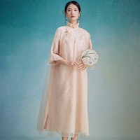 陌遇2024春夏中国风改良原创真丝绡绣花旗袍新中式立领轻奢连衣裙 芦苇 S