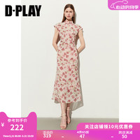 DPLAY夏立领连肩袖新中式两侧抽褶改良旗袍粉色碎花日常连衣裙 粉调晕染鸢尾 M