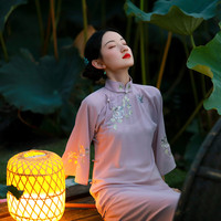 一城风絮蝶梦悠然丨夏款复古民国风中式绣花立领全开襟旗袍日常 浅紫色定位绣花 L