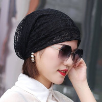 花九卿回族女人的套头纱巾 盖头头帽子夏天遮白发帽薄款堆堆帽蕾丝镂空 黑色 均码(55-59cm)微弹性