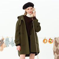 lagogo拉谷谷冬季韩版高级感连帽双面呢大衣外套女中长 草绿色(L9) 150/XS/34
