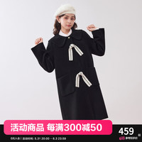 乐町赫本风长款大衣女女秋冬娃娃领系带羊毛外套女甜美 黑 S
