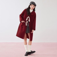 乐町赫本风长款大衣女女秋冬娃娃领系带羊毛外套女甜美 深红 L