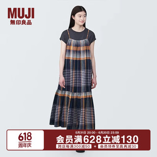 无印良品（MUJI）女式 马德拉斯格纹 吊带连衣裙女装裙子格子裙纯棉全棉 BC2IIA4S 深藏青色格纹 XL 165/92A