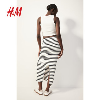 H&M女装半身裙2024夏季修身条纹棉质直筒罗纹休闲长裙1228745 白色/黑色条纹 155/64 XS