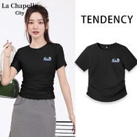 La Chapelle City 褶皱正肩紧身短款T恤 黑-油画拼图K L