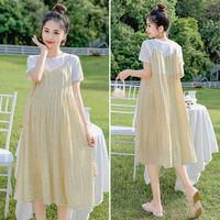 左夏右冬 孕妇装夏装连衣裙外出2024新款大码夏季宽松假两件过膝长裙夏天 黄色 M 90-120斤