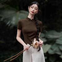 新中式国风禅意立领短袖T恤女2024夏季休闲镂空开叉上衣