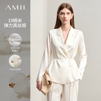 AMII2024夏极简轻奢纯色弹力真丝侧开襟翻领上衣配可拆腰带女 米白 M