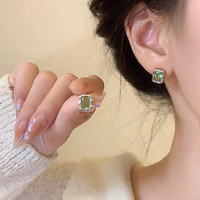 清冷感  浅绿锆石方形耳钉日韩小众设计感耳环精致时尚高级感耳饰 浅水绿锆石耳钉