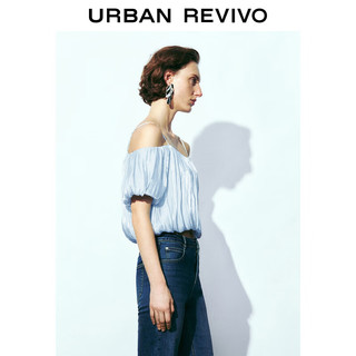 URBAN REVIVO 女装魅力褶皱蓬蓬一字领露肩吊带衫 UWG240123 浅蓝 M