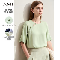 AMII2024夏典雅新中式国风盘扣镂空衬衫女皱感肌理中袖12442132 豆蔻绿 165/88A/L