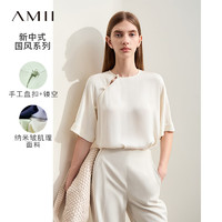 AMII2024夏典雅新中式国风盘扣镂空衬衫女皱感肌理中袖12442132 珍珠白 155/80A/S
