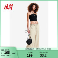 H&M女装2024夏季休闲阔腿亚麻混纺松紧腰长裤1209522003 混浅米色 150/56