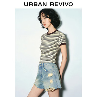 URBAN REVIVO 女装潮流休闲撞色条纹短款修身T恤衫 UWV440113 黑灰色条纹 M