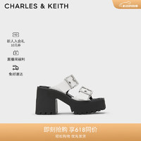 CHARLES & KEITH CHARLES&KEITH24春方頭厚底鉚釘皮帶高跟拖鞋女CK1-80580147 White白色 40