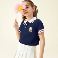 Hello Kitty 女童夏季短袖T恤2024款木耳卷边袖口洋气polo领卡通上衣