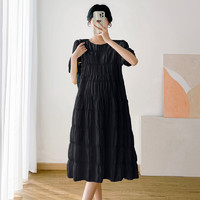 婧麒（JOYNCLEON）连衣裙夏装圆领宽松夏款小个子裙时尚裙子潮 黑色 XL